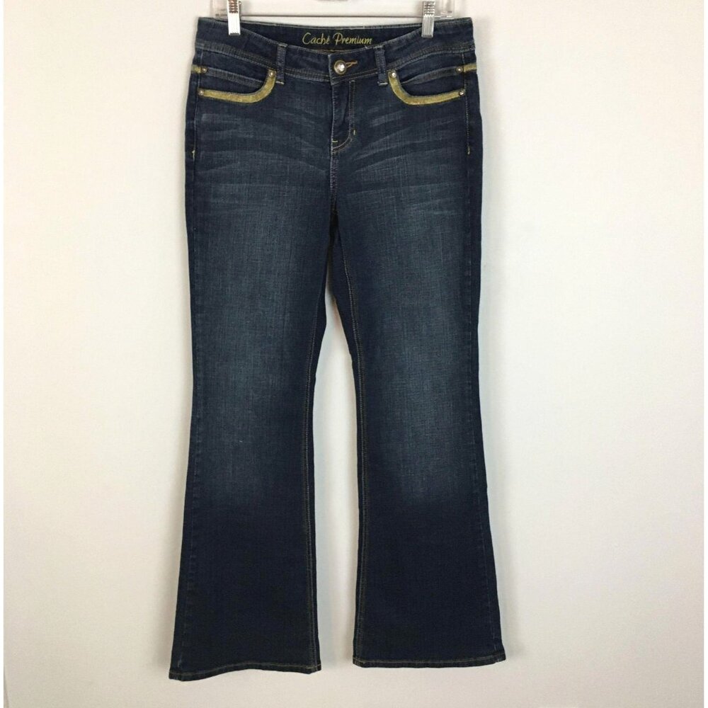Vintage Y2K Cache Boot Cut Mid Rise Jeans 10 Gold Trim Rhinestone STRETCH
